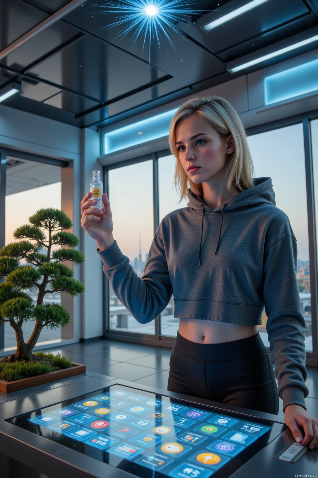 Человек в толстовке стоит в современной комнате, держа в руках бутылку и взаимодействуя с цифровой столешницей.