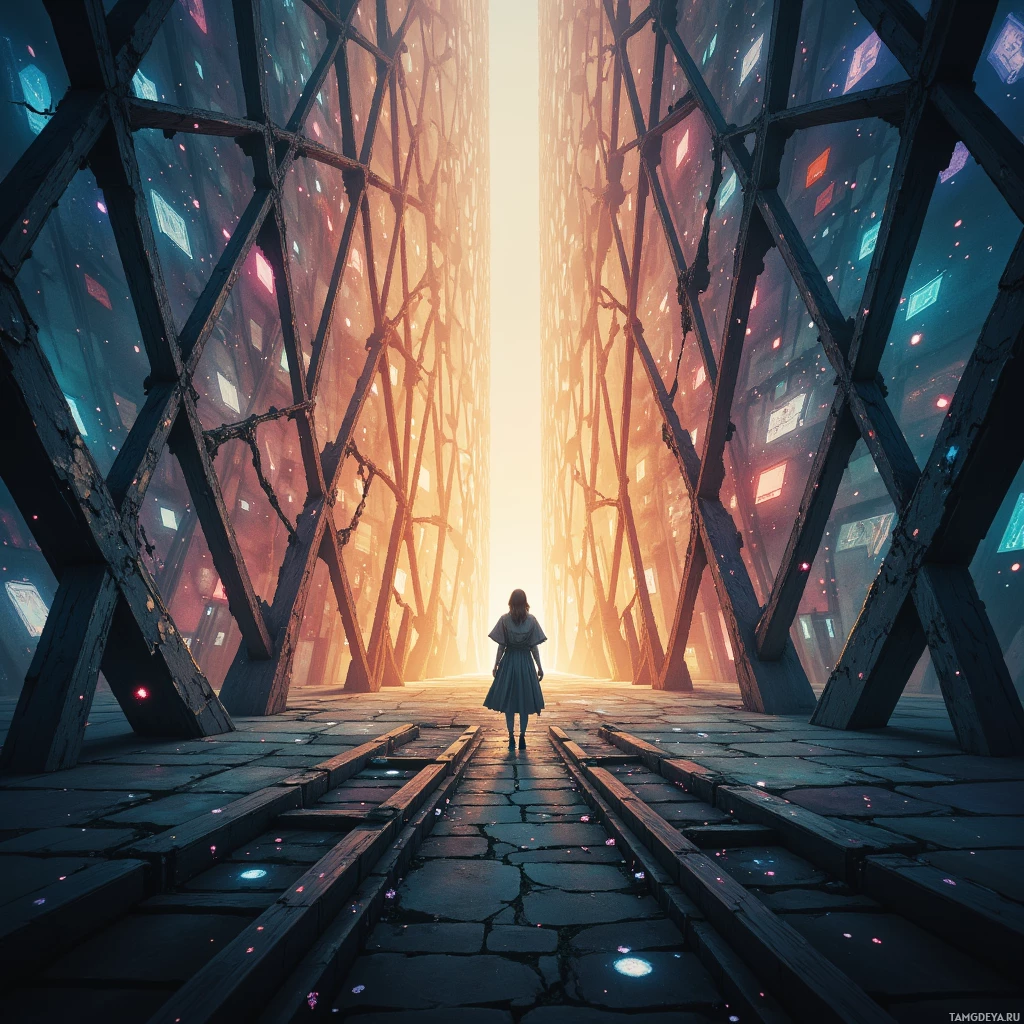 Человек стоит у входа в футуристическую геометрическую конструкцию, освещенную яркими огнями и сияющим источником света в конце.
