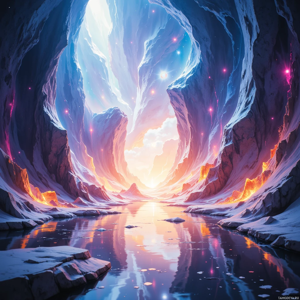 Фантастическая пещера с мерцающими огнями и отражающимся прудом внизу.