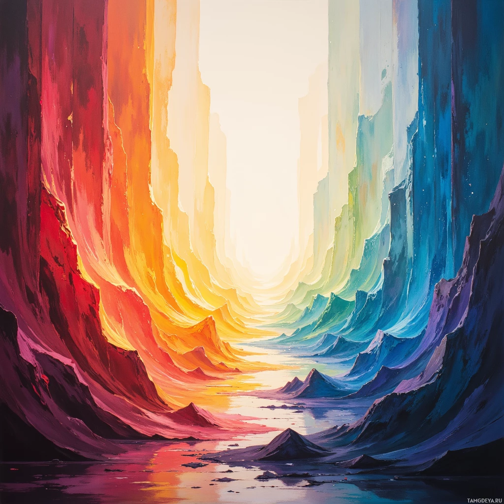 Яркая абстрактная картина с красочным, волнообразным пейзажем и ярким источником света на горизонте.