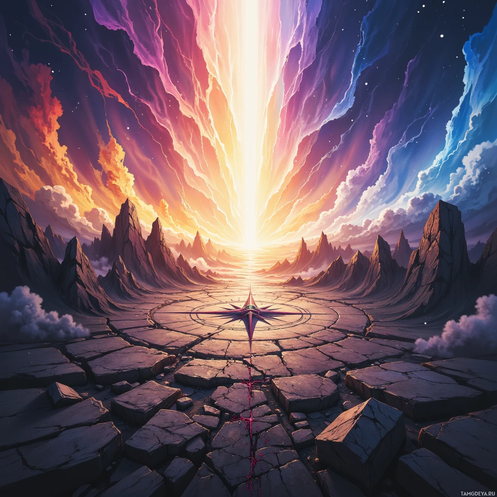 Яркий, сказочный пейзаж с сияющим источником света, зубчатыми скальными образованиями и потрескавшимся каменным путем, уходящим к горизонту.