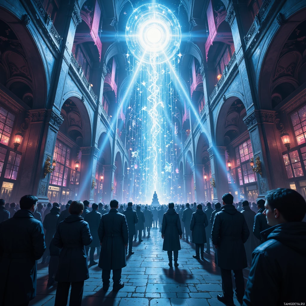 Огромная толпа людей стоит в величественном зале, залитом ярким, сияющим светом.