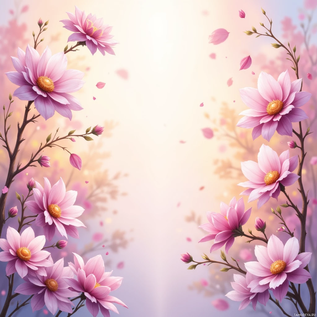 Яркая цветочная композиция из розовых цветов с жёлтыми сердцевинами на нежном, пастельном фоне.