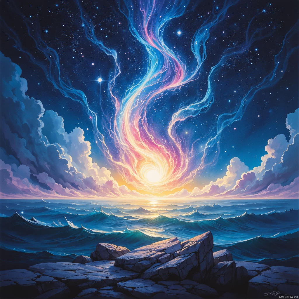 Яркое ночное небо с переливающимися туманностями и светящимся горизонтом над океаном.