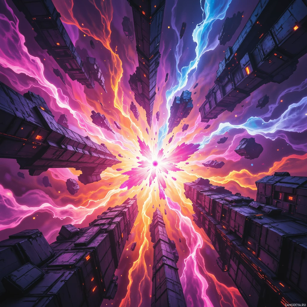 Яркий, футуристический городской пейзаж с возвышающимися зданиями и энергичными лучами света.
