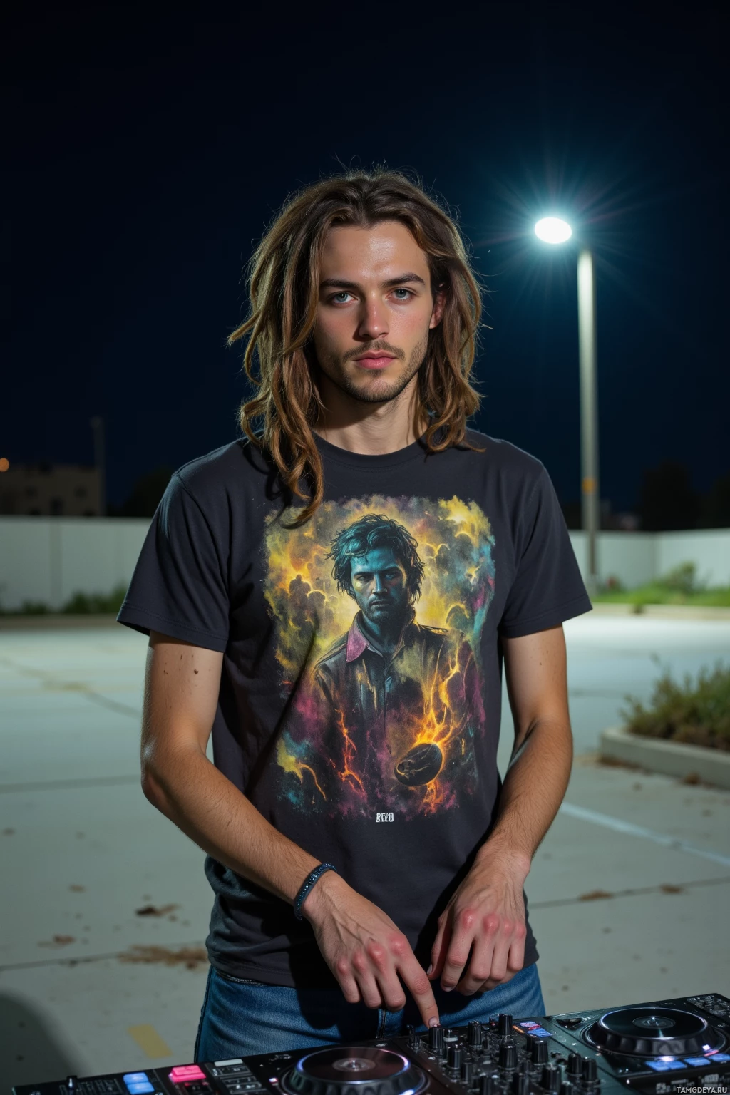 Ночью на улице стоит человек в футболке с принтом и джинсах, перед ним – диджейский микшер.