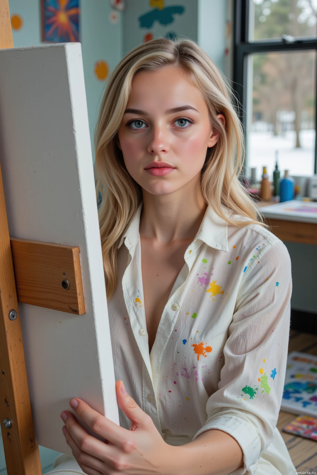 Человек с светлыми волосами в белой рубашке, испачканной краской, сидит в художественной мастерской, окруженный художественными принадлежностями.