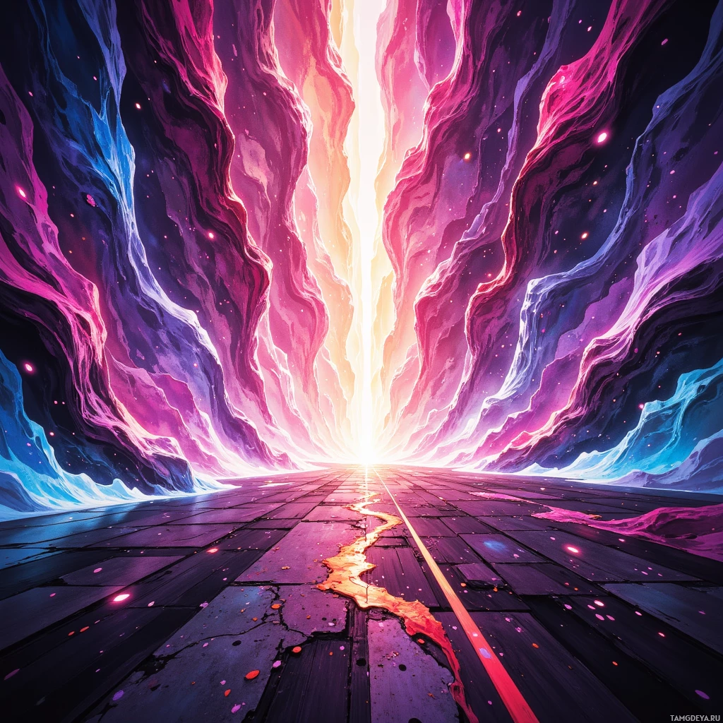 Яркая, космическая сцена с сияющей, перетекающей энергией и ярким светом в центре.