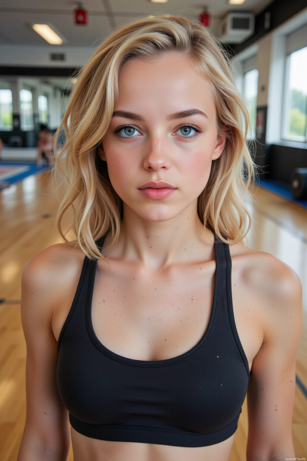 Человек в черном спортивном топе в спортзале.