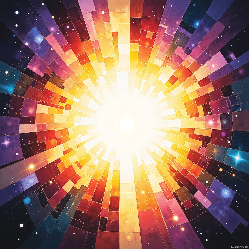 Яркая, рассыпающаяся взрывом красок, сходящихся к яркому центру, напоминающая космическое или абстрактное произведение искусства.