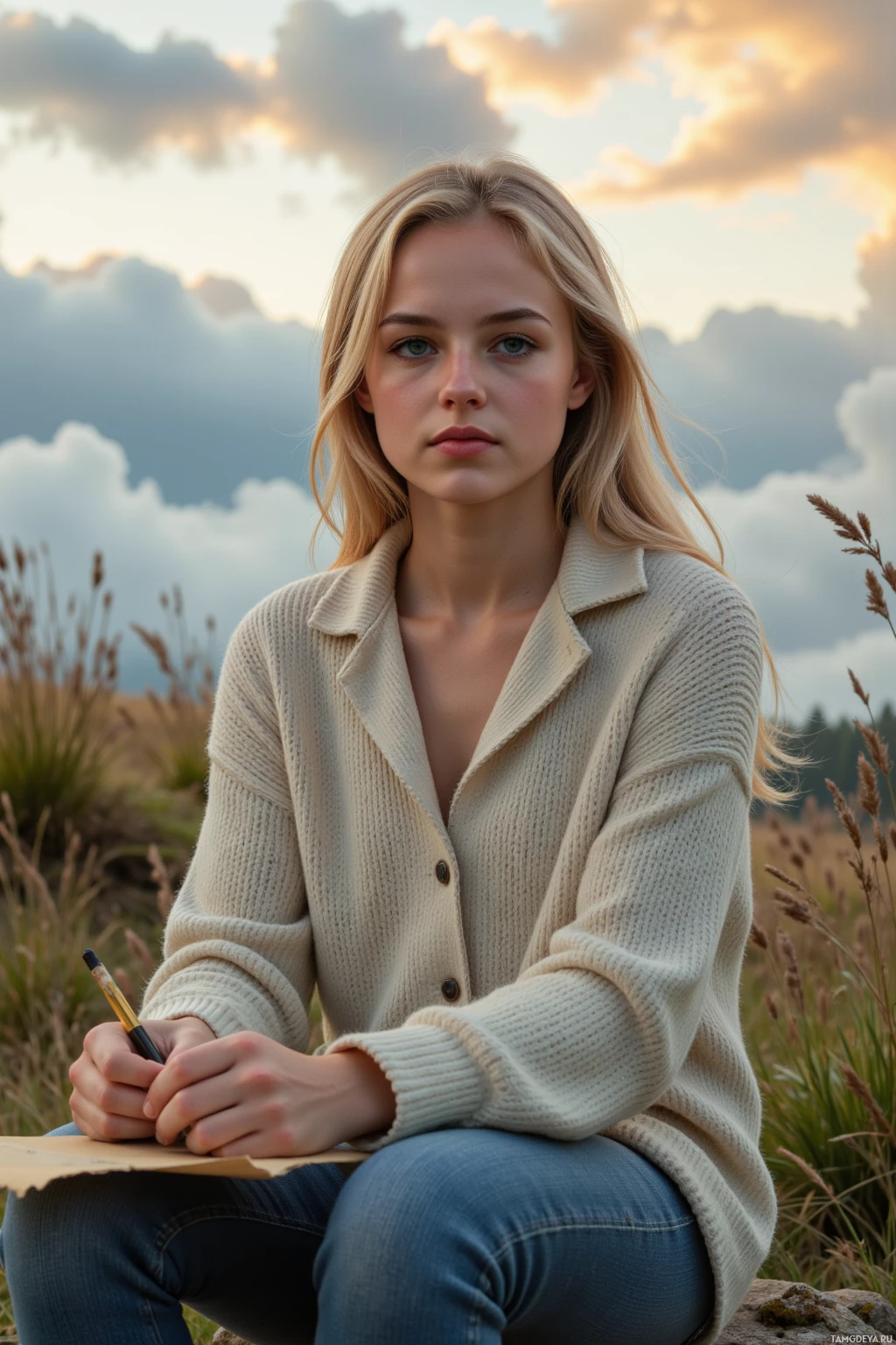 Человек в бежевом кардигане и джинсах сидит на улице, держа в руках карандаш и бумагу.