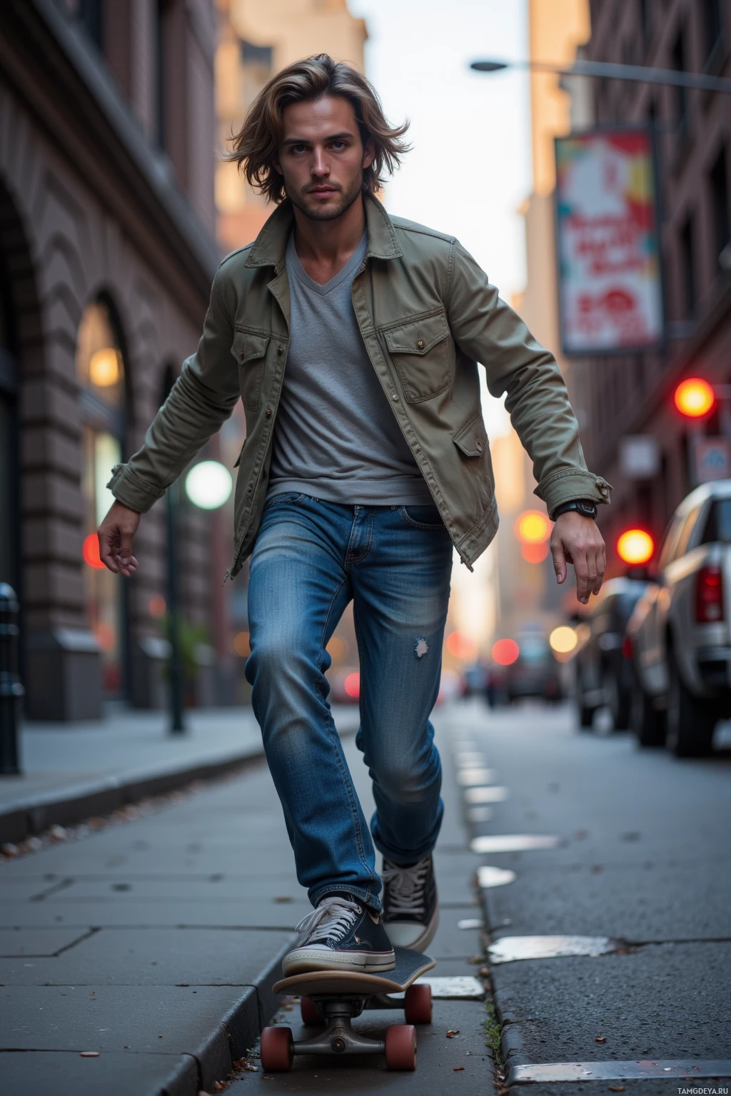 Человек катается на скейтборде по городскому тротуару.