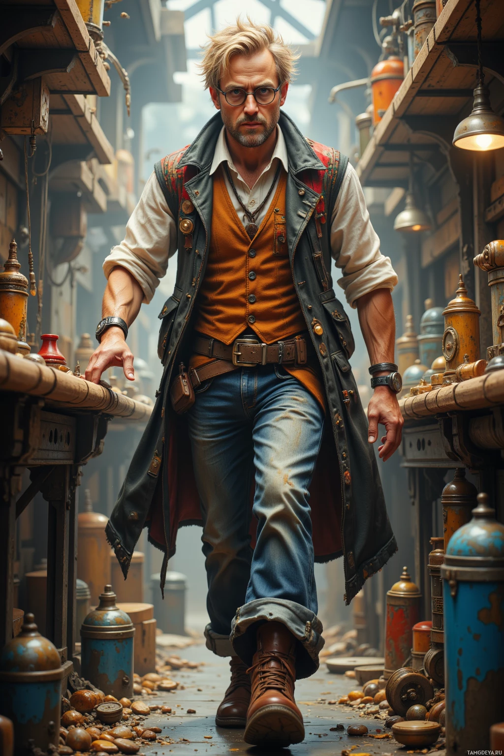 Мужчина в поношенной одежде стоит в полумраке завалянной мастерской.