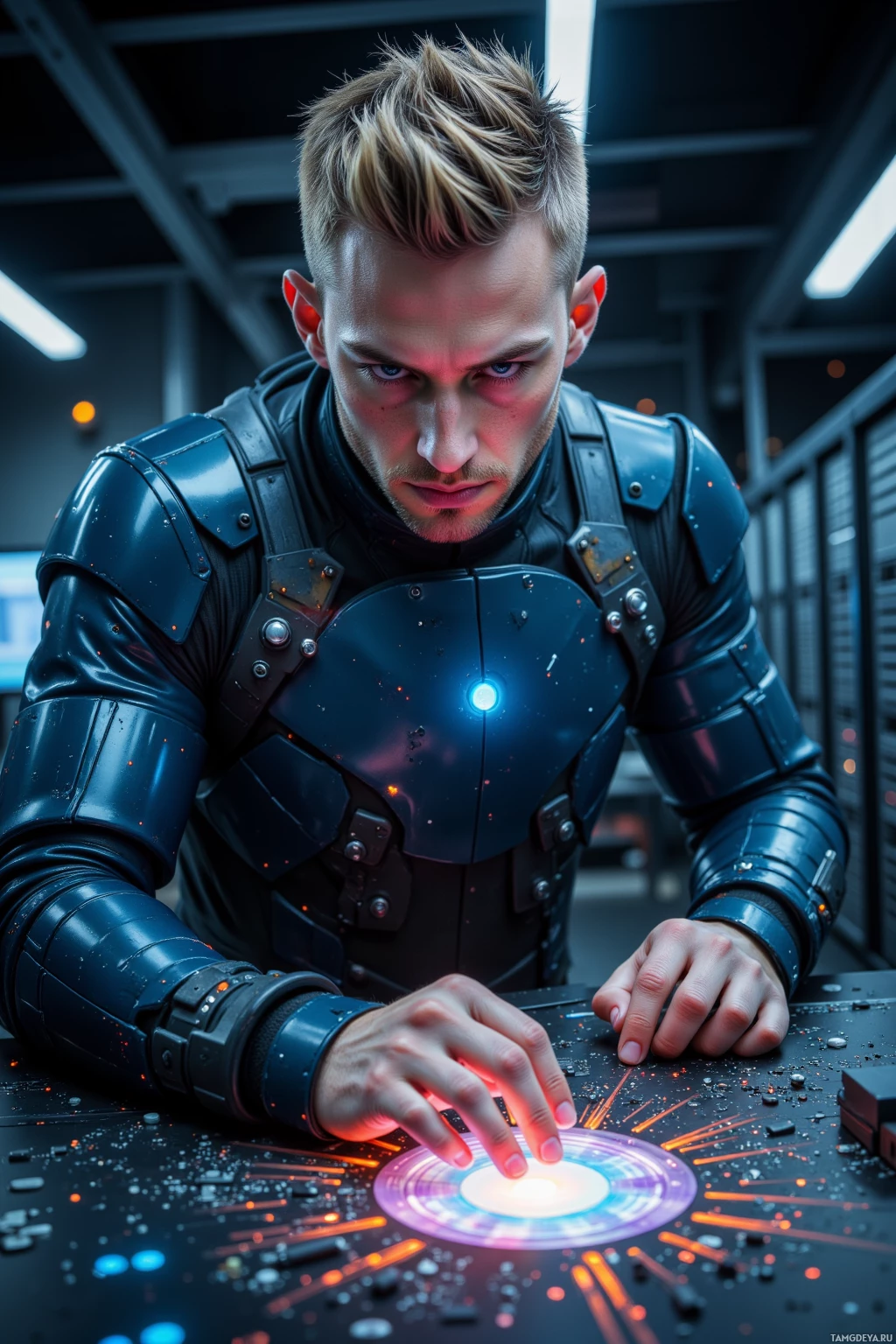 Человек в футуристической броне взаимодействует с светящимся высокотехнологичным интерфейсом.