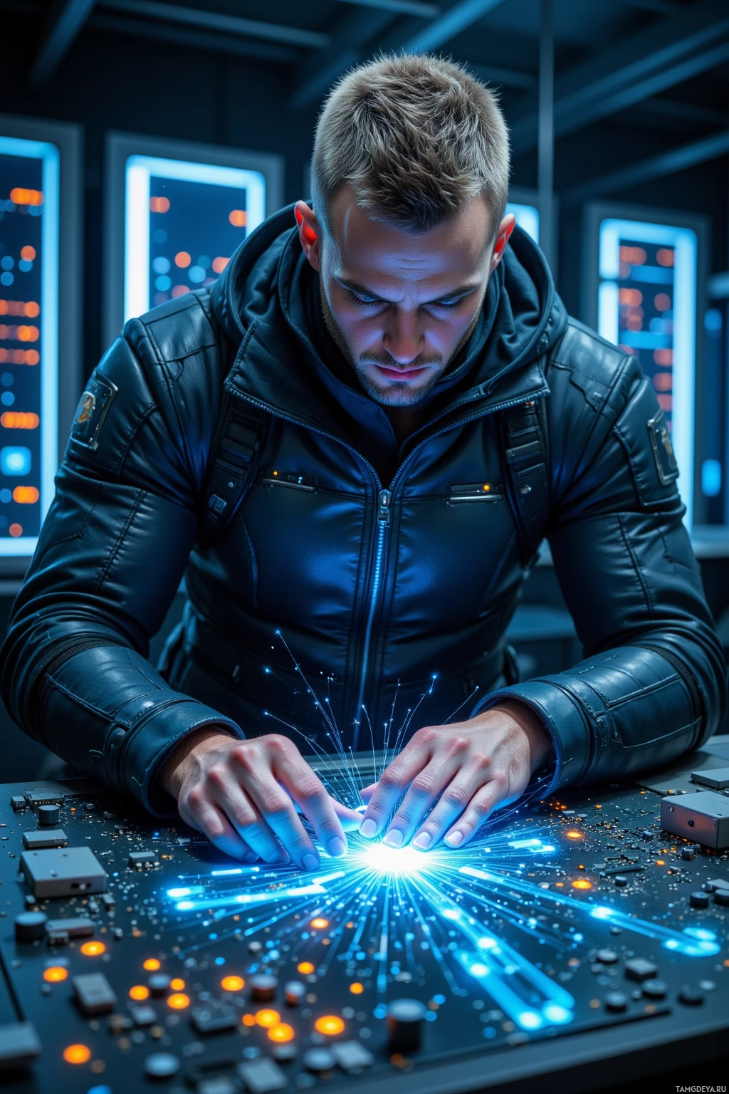 Человек в кожаной куртке взаимодействует с светящейся, футуристичной панелью управления.
