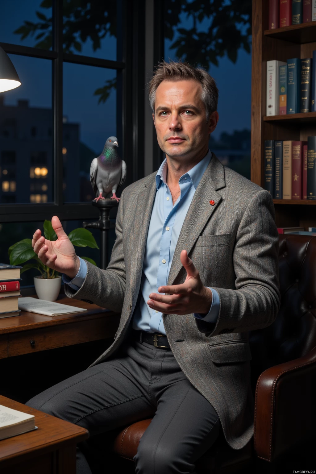 Мужчина в костюме сидит в кресле, рядом – подставка, на которой сидит голубь.