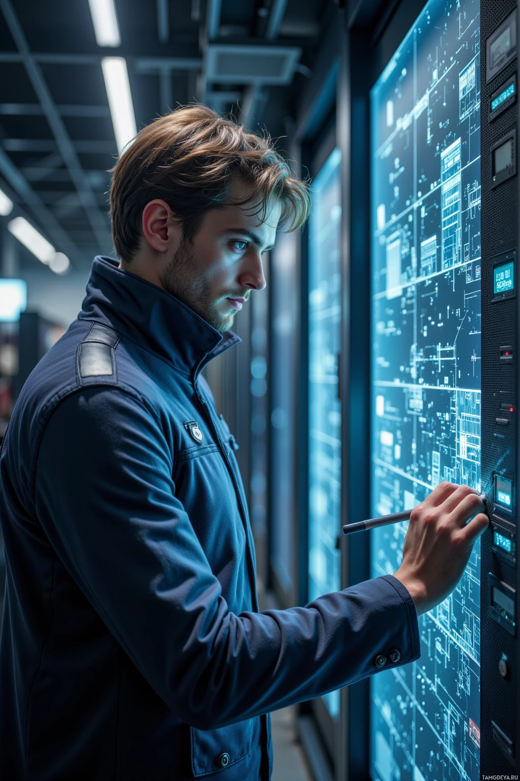 Мужчина в темном пиджаке взаимодействует с большим цифровым экраном в современном интерьере.