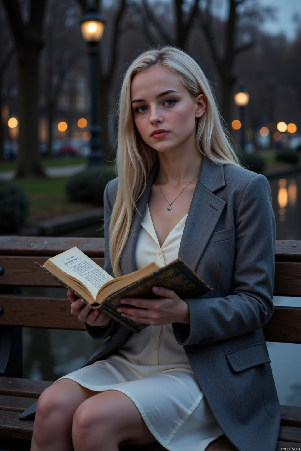 Женщина в пиджаке и платье сидит на скамейке, держа в руках раскрытую книгу.