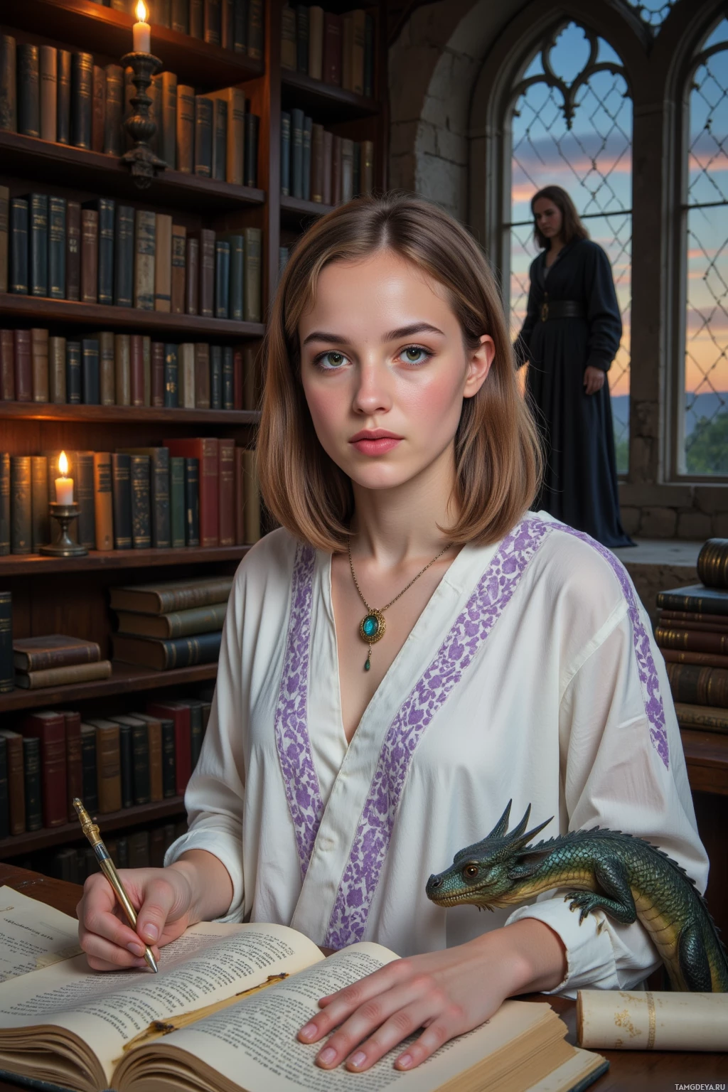 Женщина в библиотеке пишет в книге, а на столе рядом с ней сидит дракон.