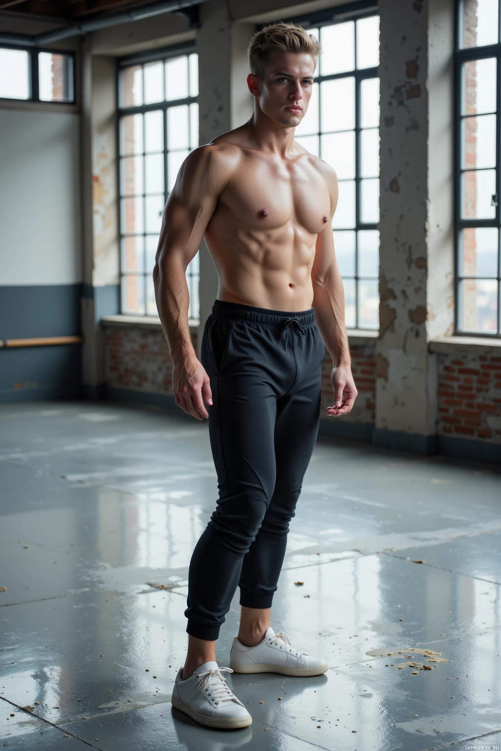 Мускулистый мужчина стоит без рубашки в просторной комнате с большими окнами.