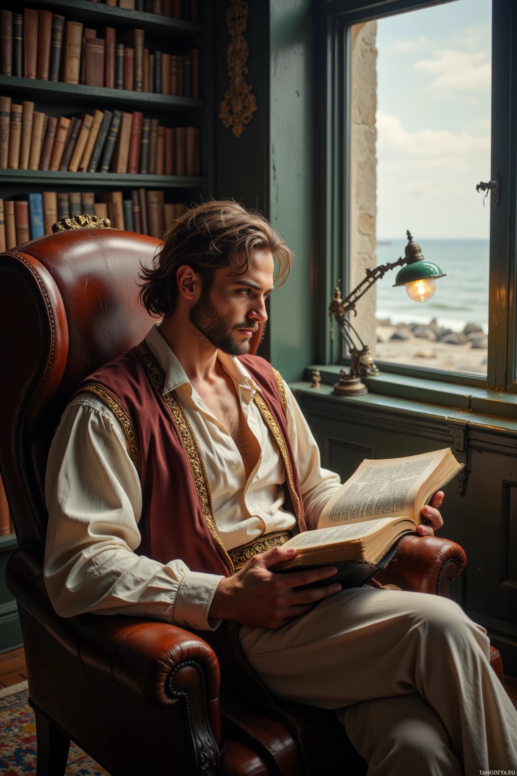 Мужчина в одежде в стиле ретро сидит в кожаном кресле у окна и читает книгу.