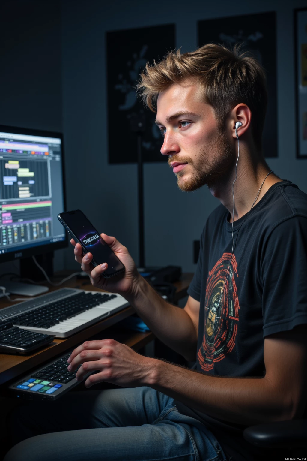 Человек сидит за столом, работает за компьютером и держит в руках смартфон.