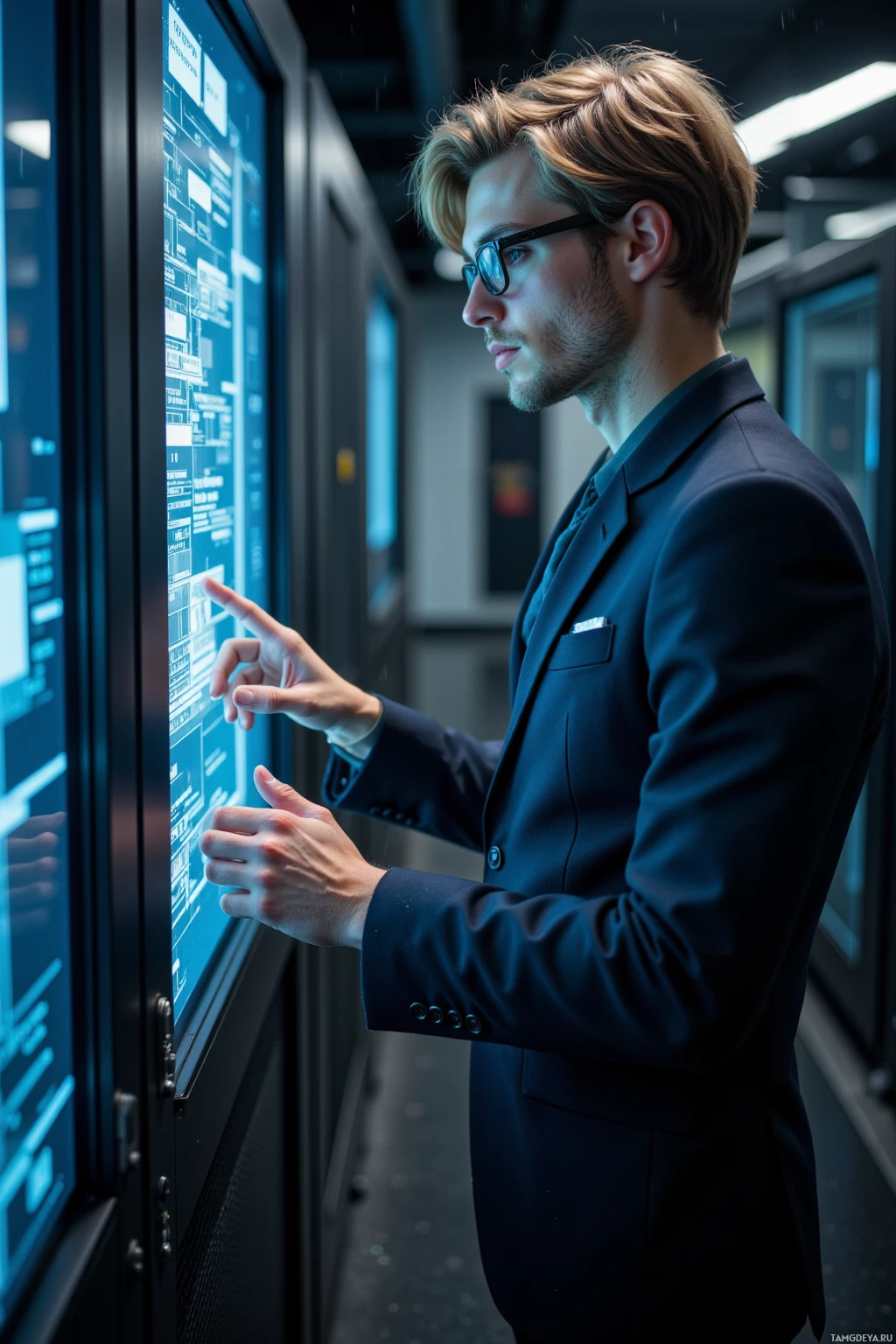 Мужчина в костюме общается с большим цифровым дисплеем в современном интерьере.