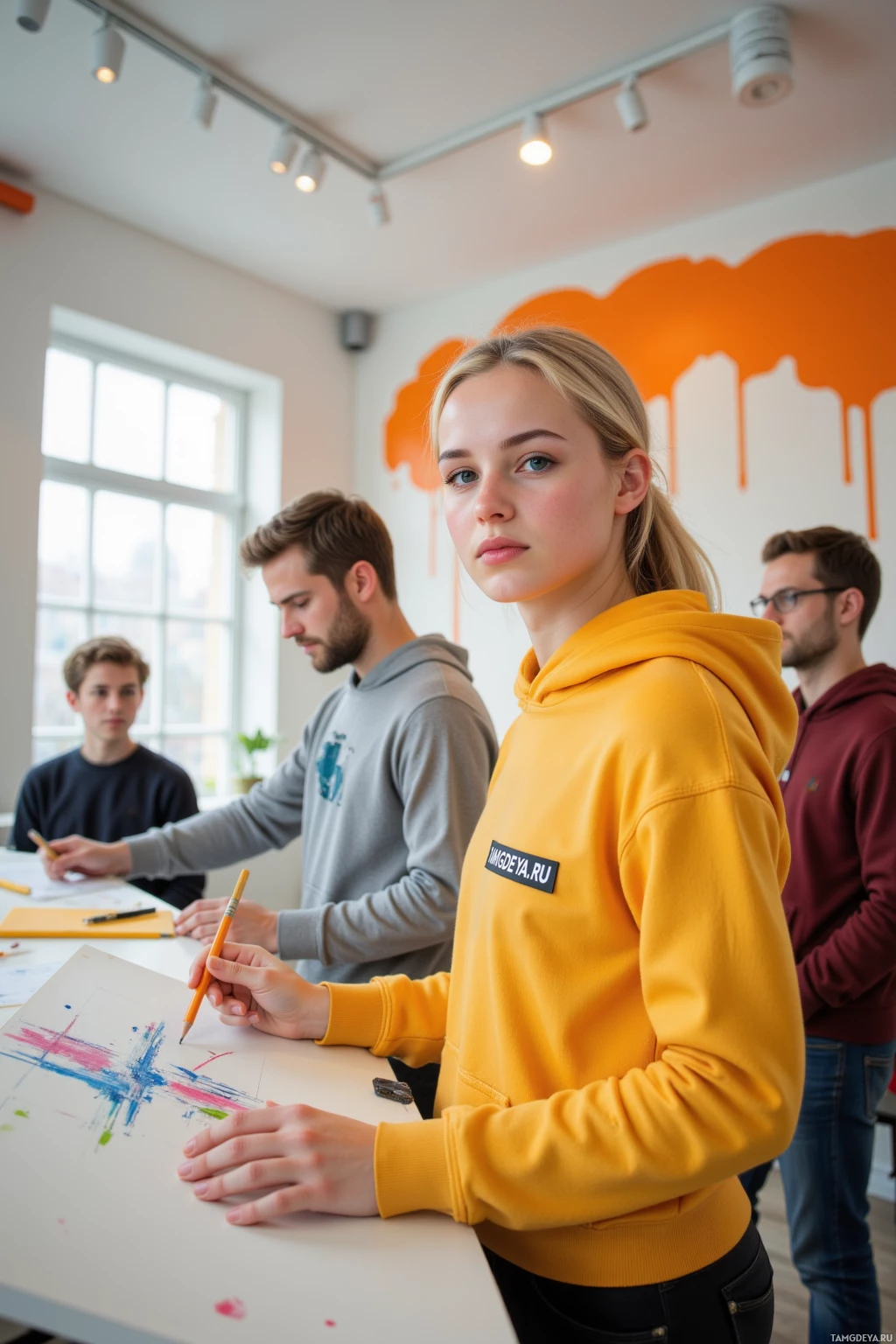 Группа людей увлечена творческим занятием, один из них в жёлтой толстовке держит карандаш.