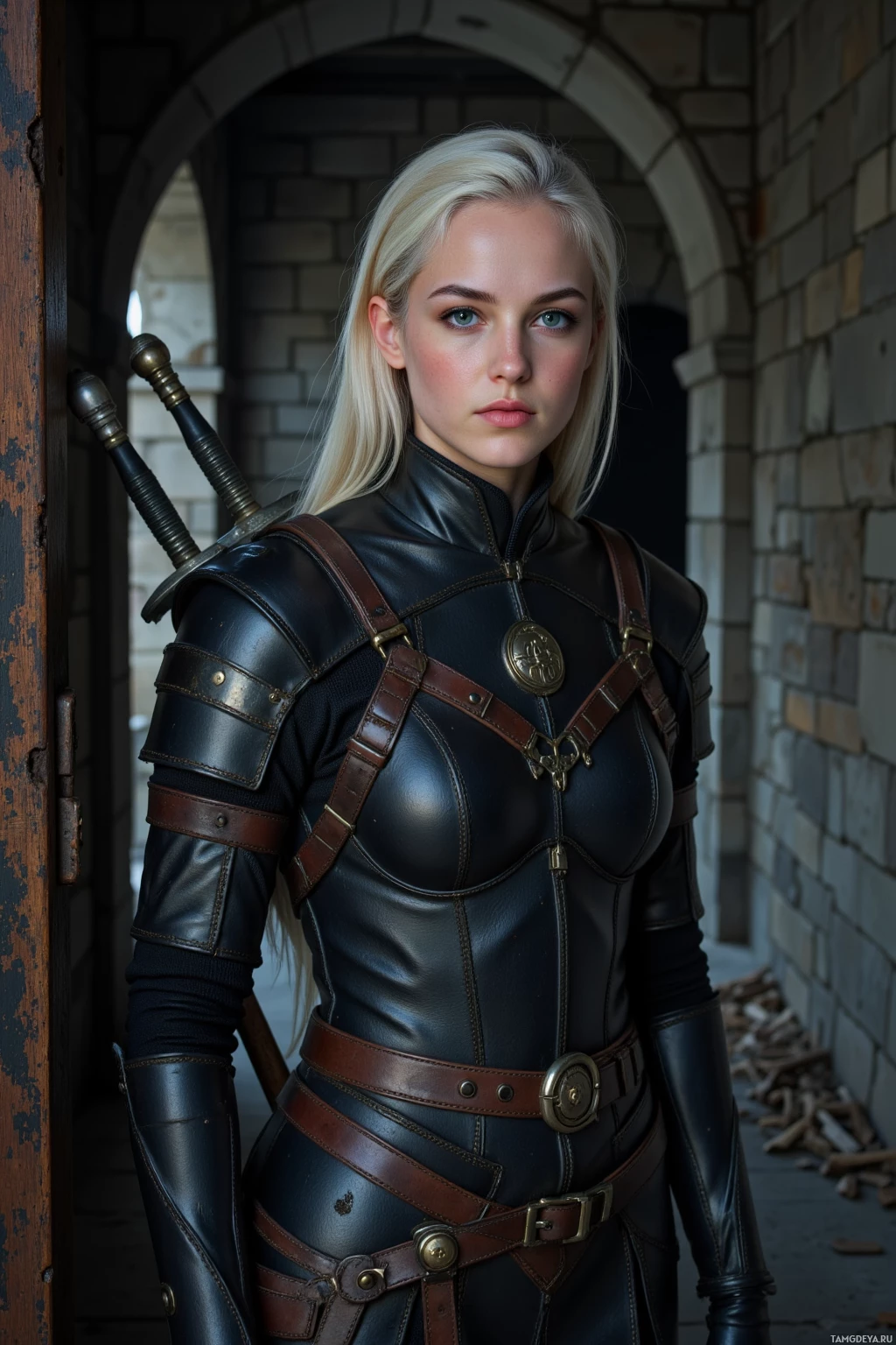 Человек в черной кожаной одежде с коричневыми ремнями и мечом за спиной стоит в каменном арковом проходе.
