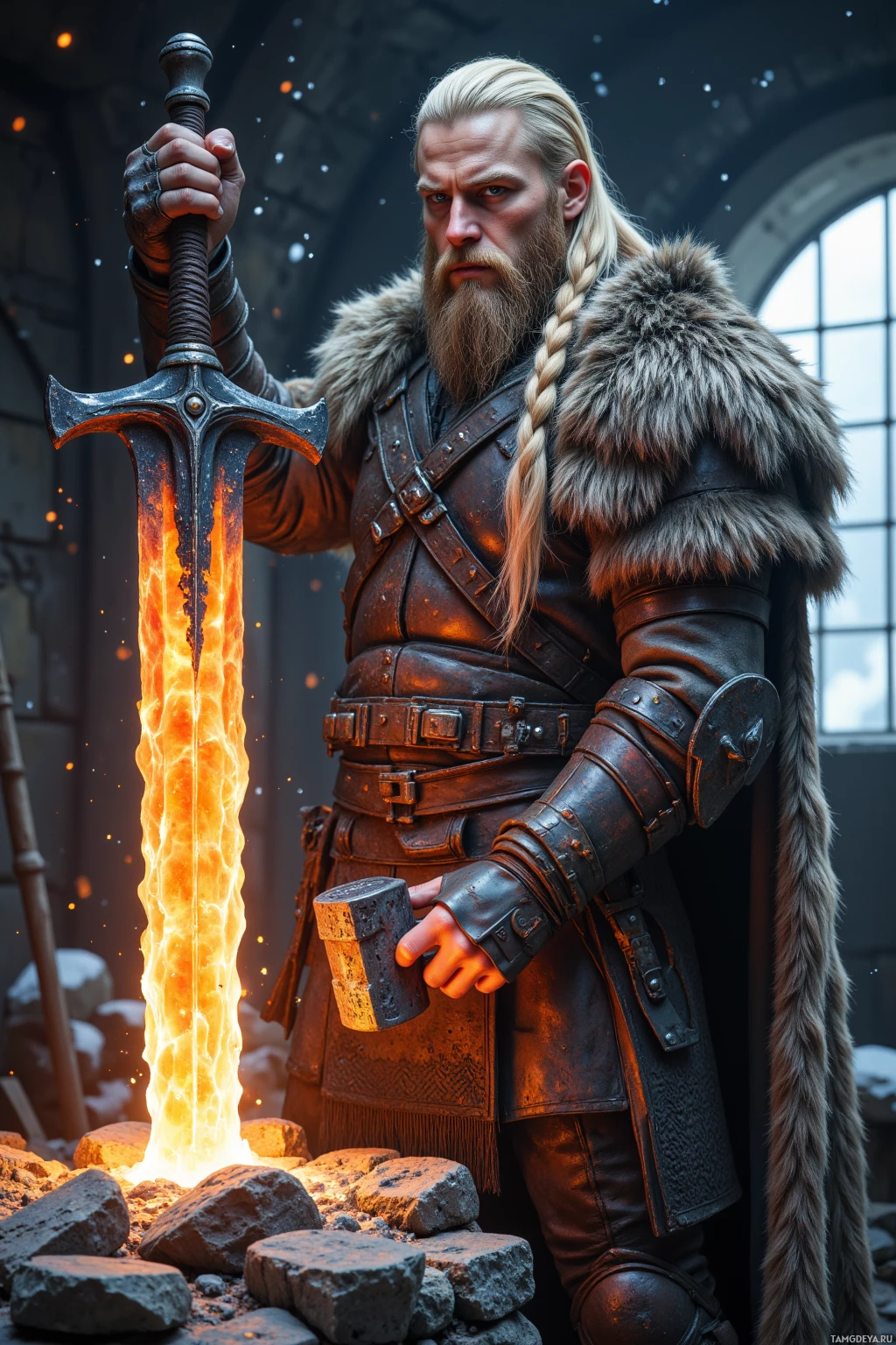 Воин в средневековых доспехах стоит в кузнице, держа в руках пылающий меч и молот.