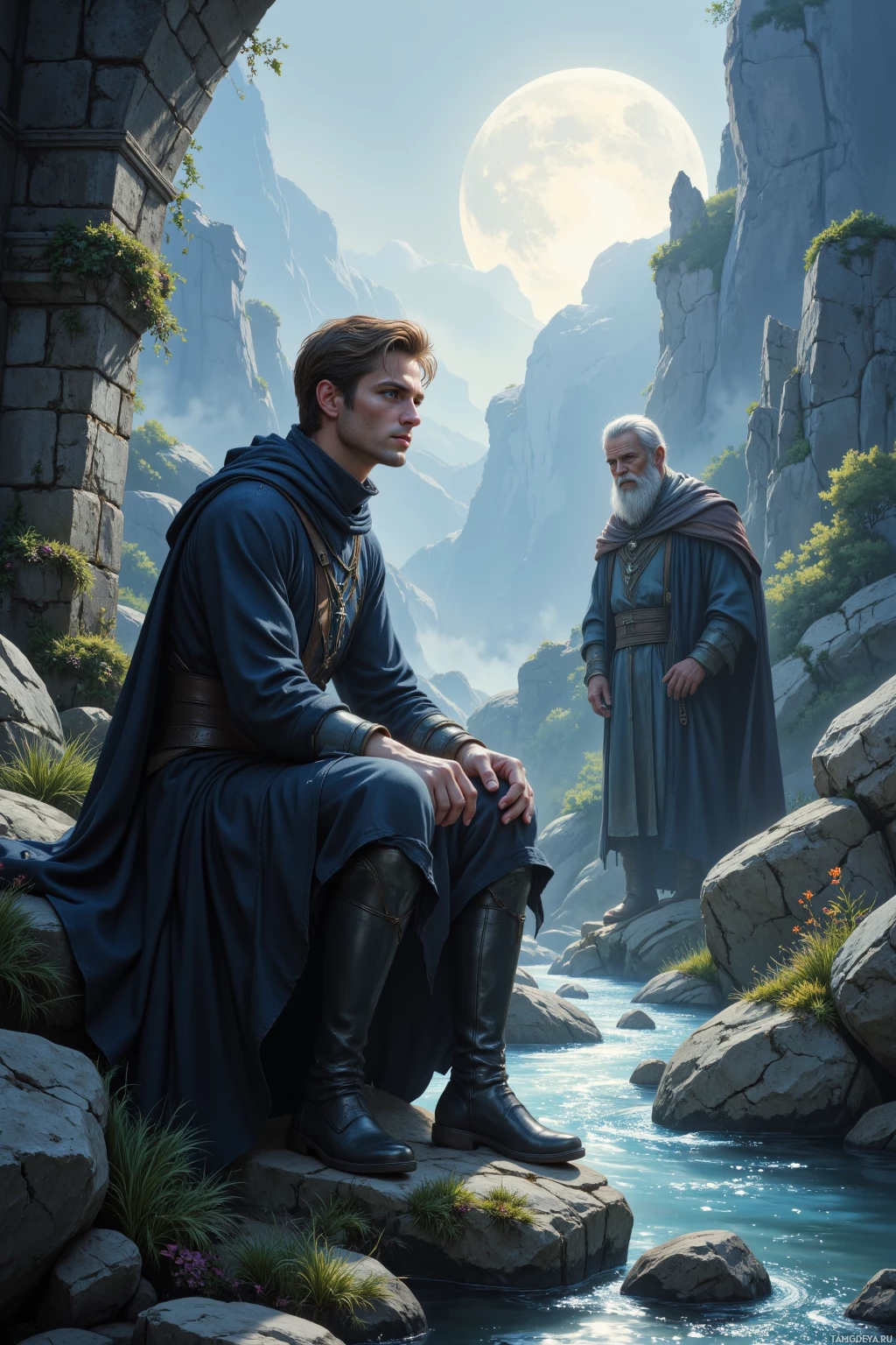 Два человека в средневековой одежде стоят у реки в горном пейзаже под полной луной.