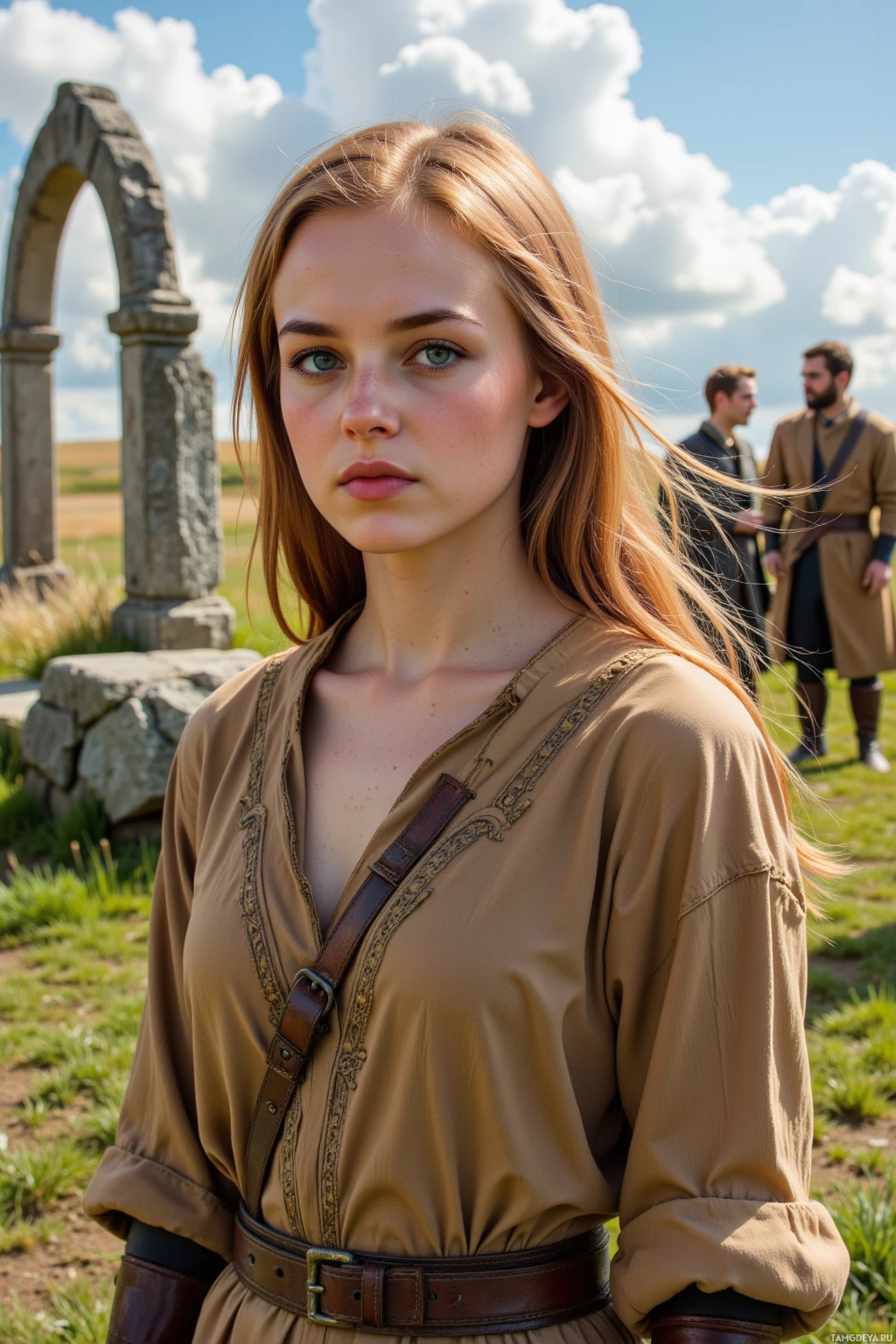 В зеленом поле, на фоне каменных руин, стоит женщина в коричневом платье. На заднем плане видны двое мужчин.