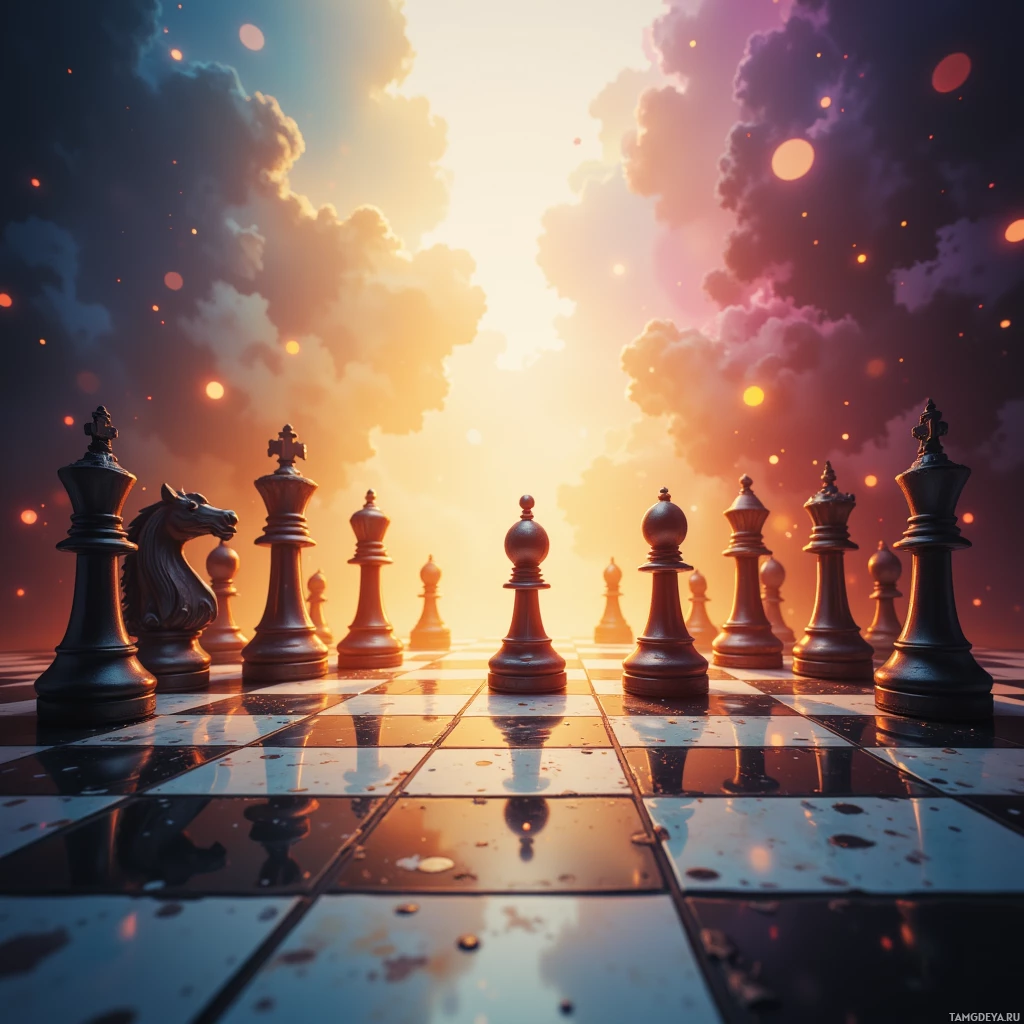 Шахматная доска с расставленными фигурами в начальную позицию на фоне яркого заката.