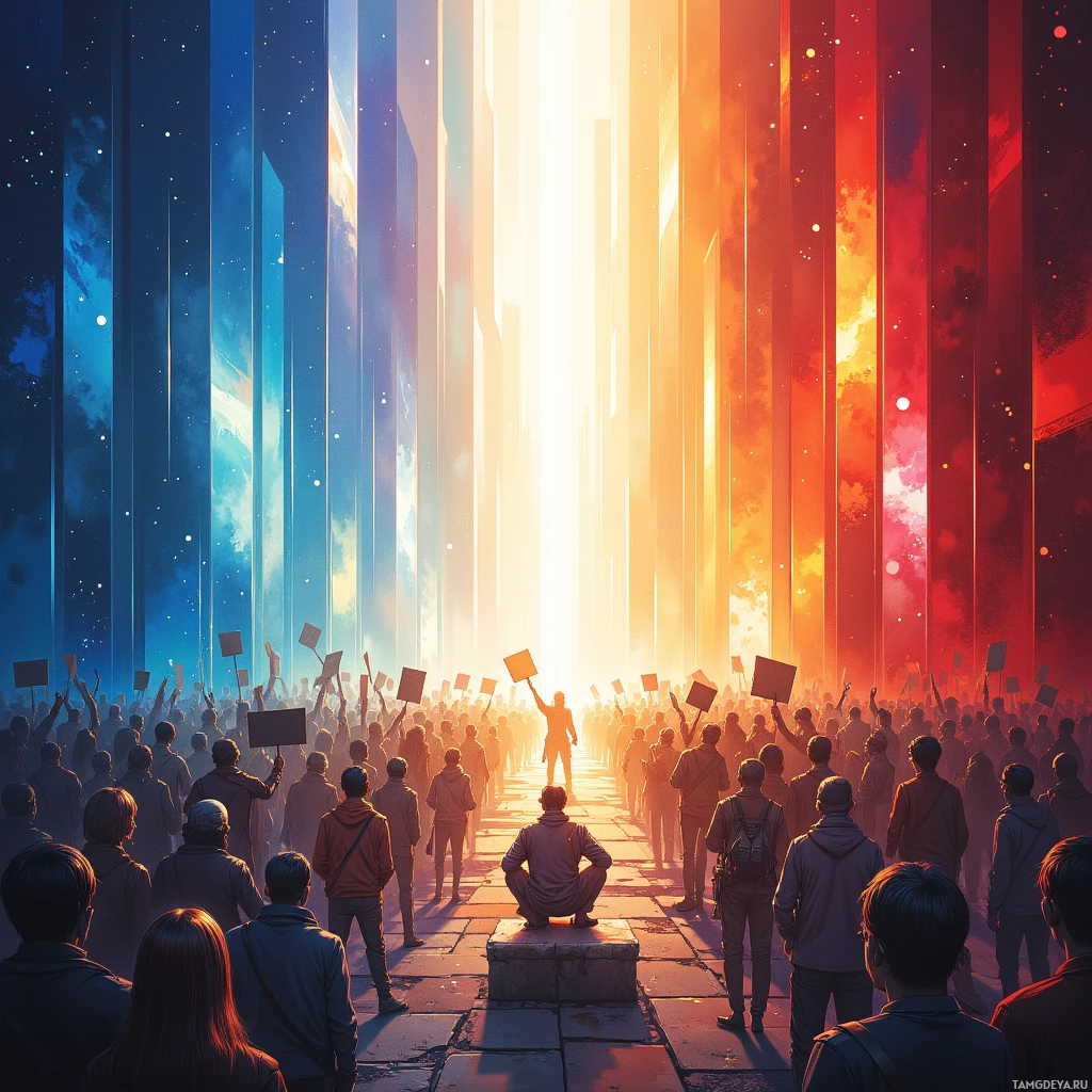 Большая толпа людей стоит перед ярким, красочным источником света, держа в руках плакаты.