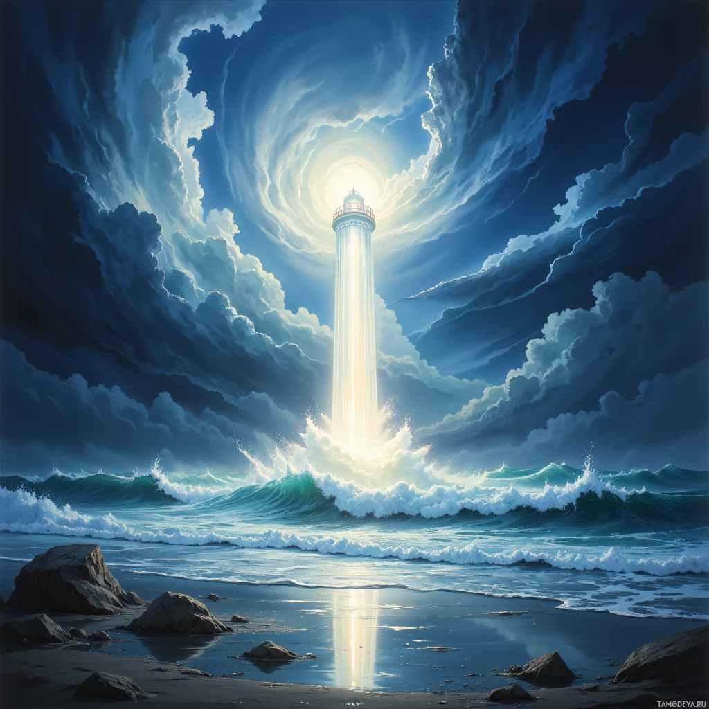 Безмятежный морской пейзаж с сияющим маяком и впечатляющими облаками.