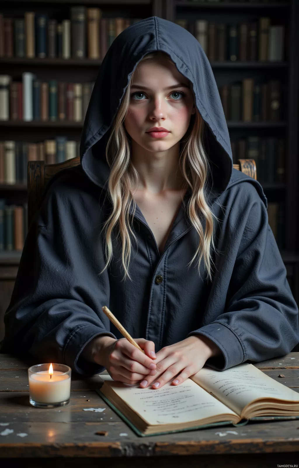 Человек в капюшоне сидит за столом и пишет в книге, рядом горит свеча.