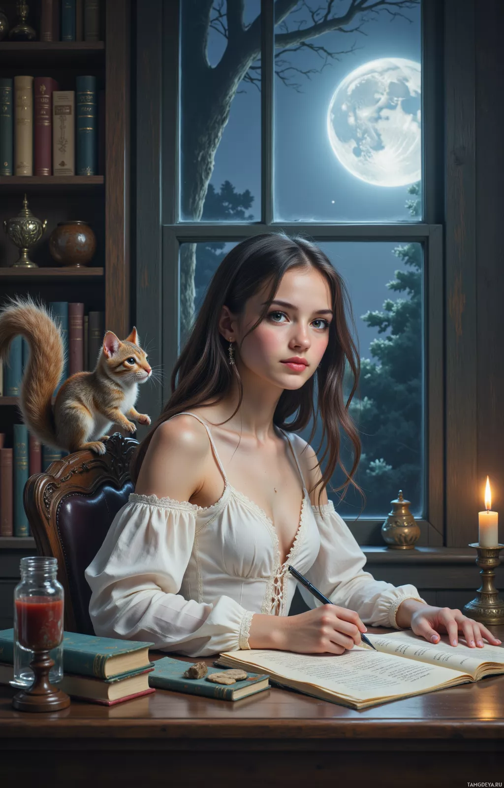 У окна за столом сидит женщина, что-то записывает в книгу, а рядом, на стуле, расположился её кот.