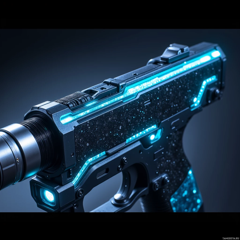Футуристический пистолет с подсветкой и эффектным синим свечением, выполненный в обтекаемой форме.