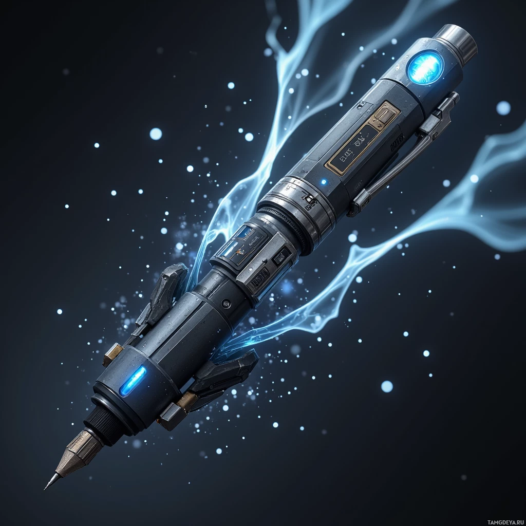 Футуристичная ручка с голубой подсветкой и сложным дизайном.