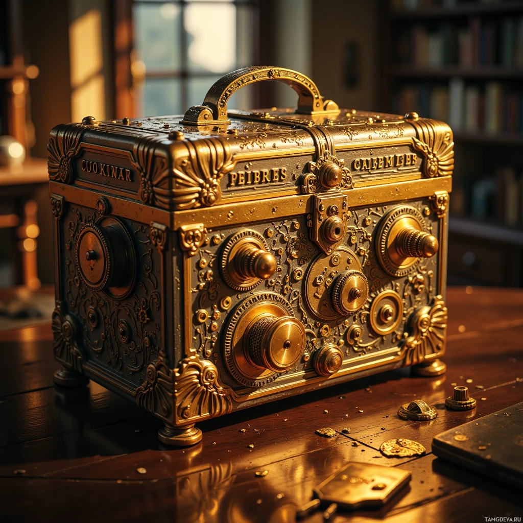 На деревянной поверхности стоит золотой, богато украшенный ларец с резными узорами и ручками.