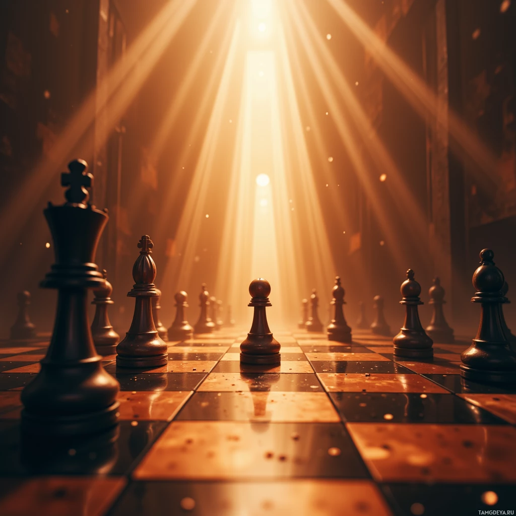 Шахматная доска с черными фигурами, выстроенными в ряд, залитая золотистым светом.