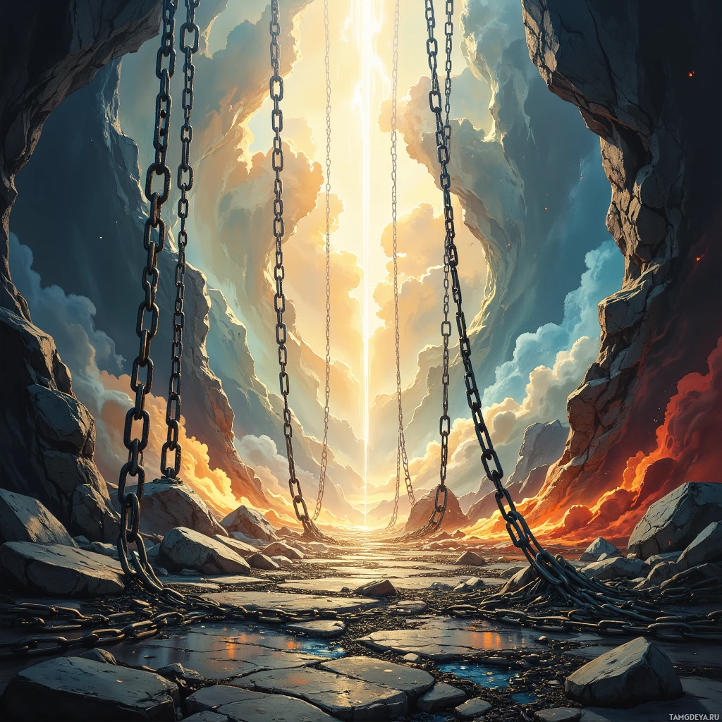 Захватывающая сцена: цепи свисают с каменистых скал, уходя к яркому, сияющему свету вдалеке.