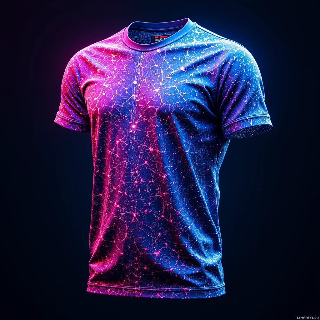Semi-abstract image with many light, that is suitable for the post:  Graphene mesh T‑shirt with seamless fabric, dynamic color shift from cobalt blue to neon pink, retro 1970s concert tee style print, embedded micro speaker, subtle metallic thread detailing, soft cloth texture and glossy LED‑like glow.