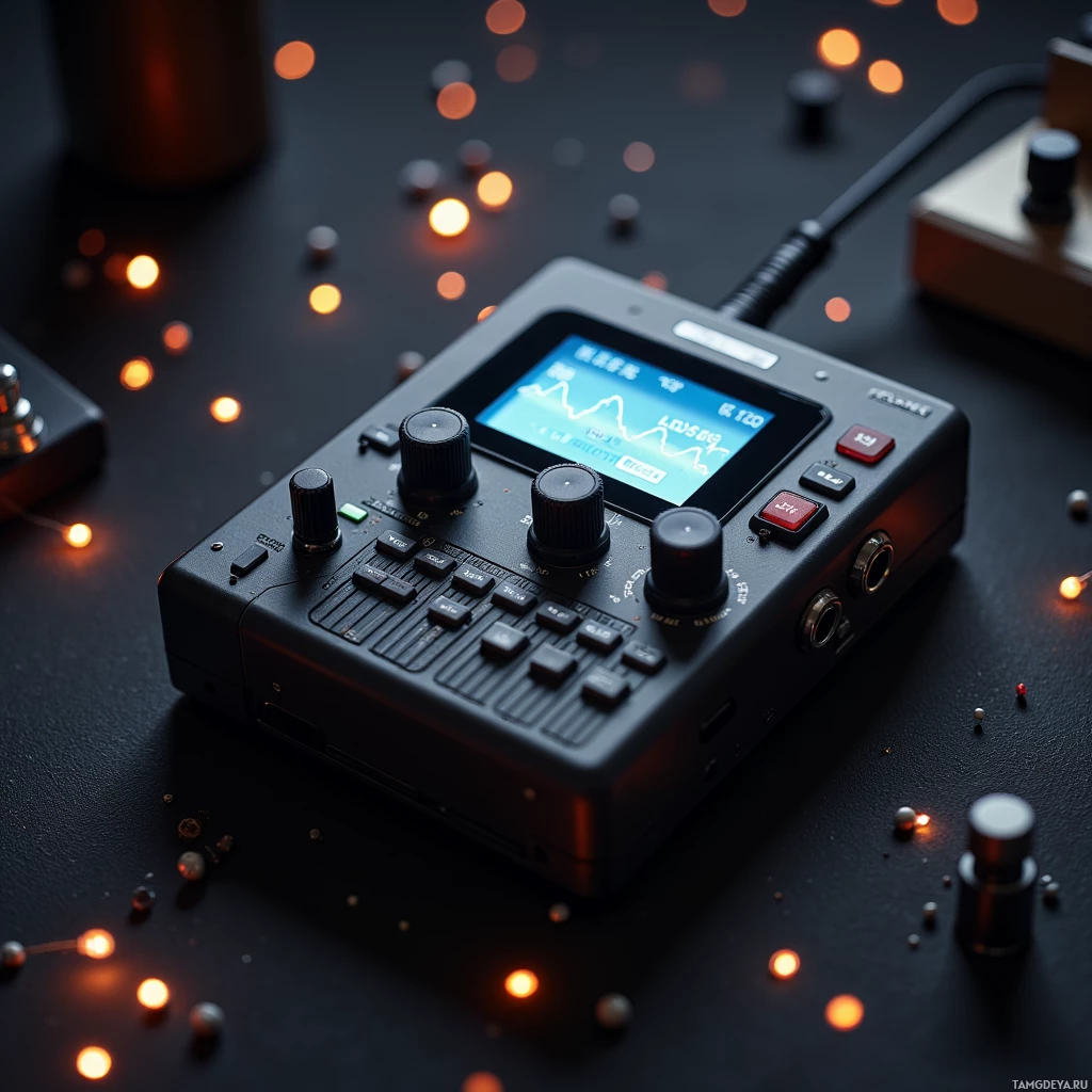 Крупный план цифрового аудиоинтерфейса с регуляторами, кнопками и дисплеем.