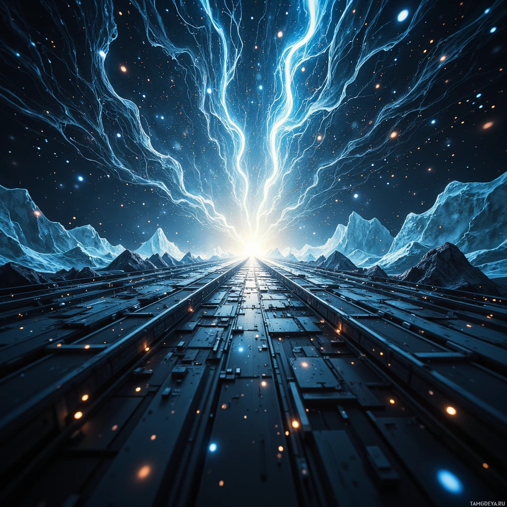 Футуристический пейзаж с сияющими дорогами, ведущими к яркому источнику света в небе, окруженный ледяными горами и небесными частицами.
