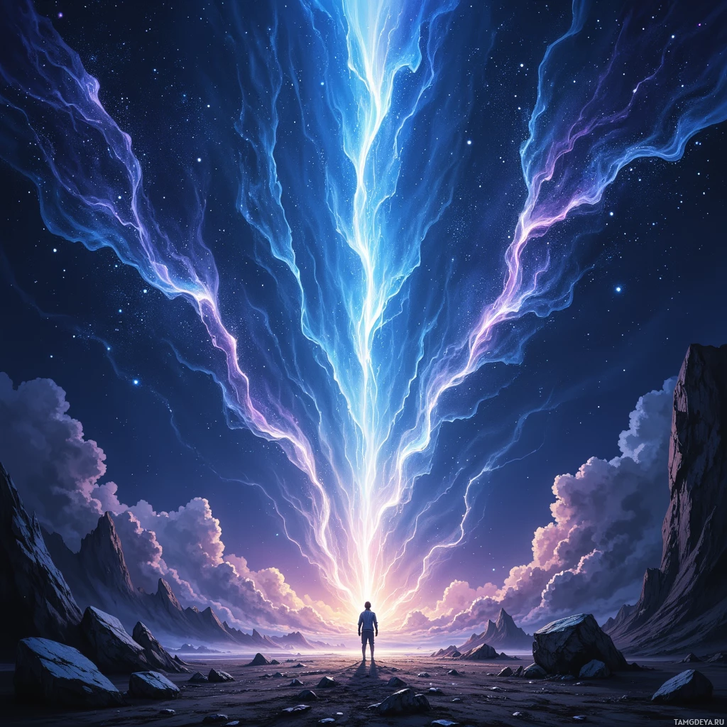 Одинокая фигура стоит перед сияющим, неземным лучом света, спускающимся с неба, на фоне звездной ночи и сурового ландшафта.