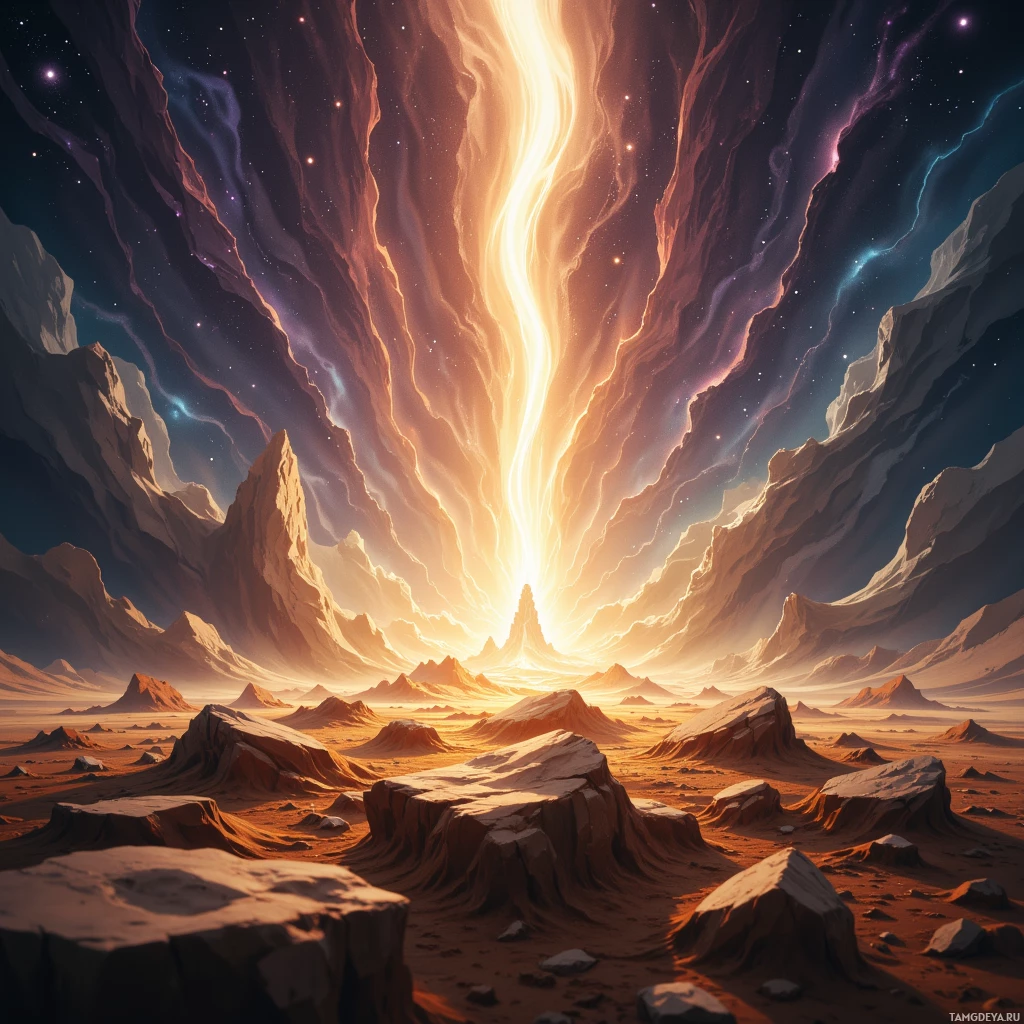 Захватывающий, неземной пейзаж с возвышающимися скальными образованиями под звёздным небом, освещенным лучами света.
