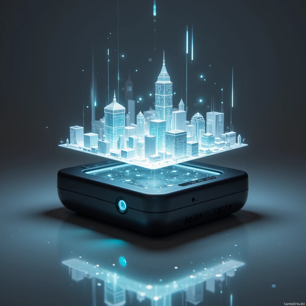 Футуристическое устройство с парящим над ним светящимся голографическим пейзажем города.