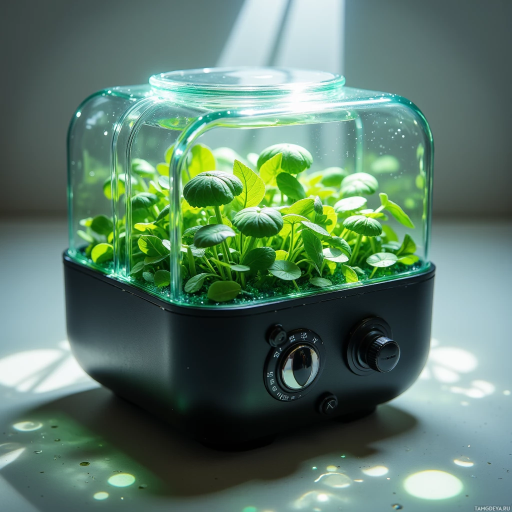 Небольшой закрытый сад под стеклянным куполом, утопающий в зелени.