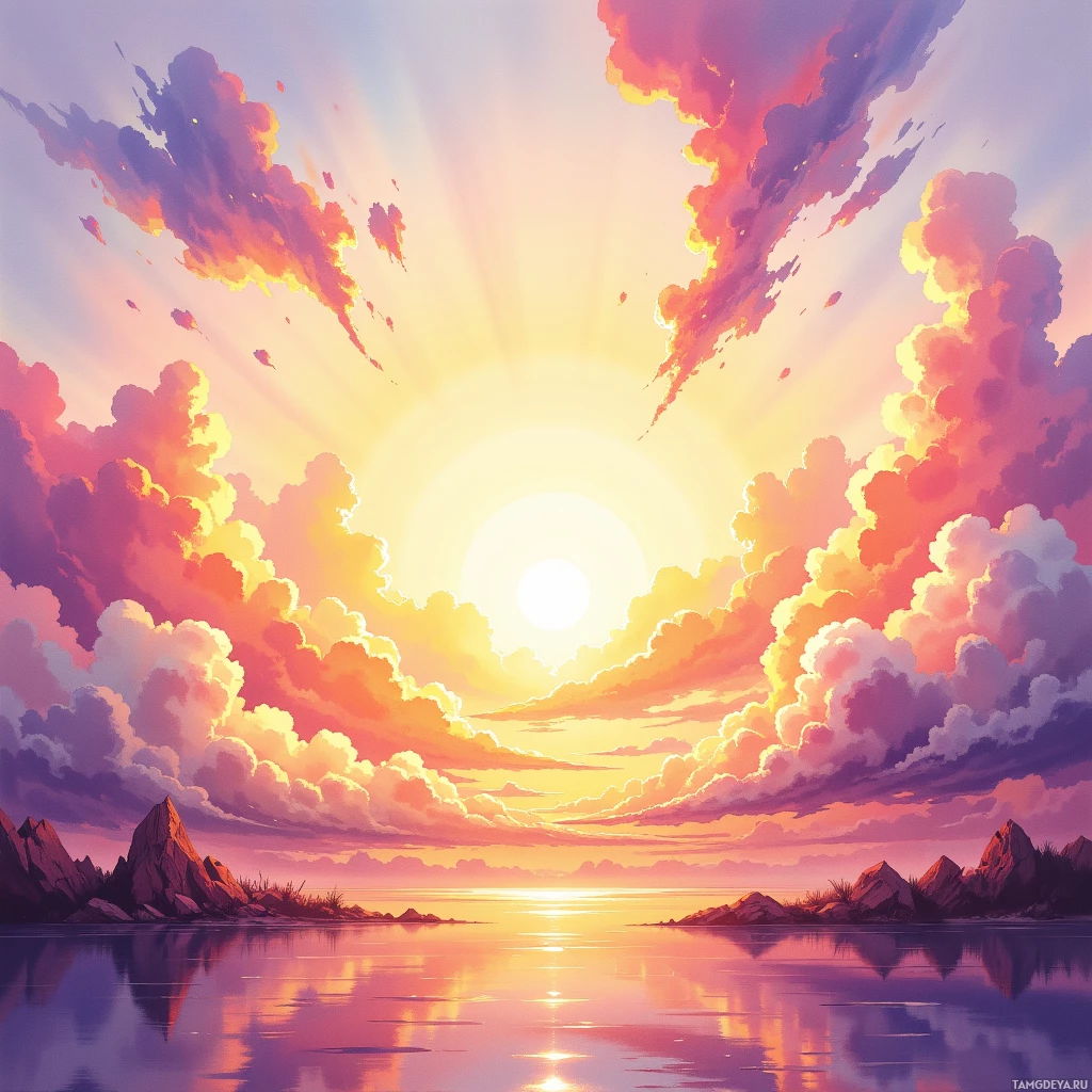 Яркий закат с разноцветными облаками и спокойной водной гладью, отражающей небо.